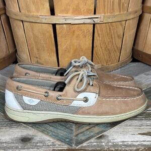 Sperry Bluefish 2-Eye Tan Leather Combo Lace-Up Boat Shoes Womens Size 8.5 WIDE